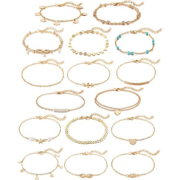 16Pcs Ankle Bracelets for Women Girls Gold Silver Two Style Chain Beach Anklet - Picture 1 of 7
